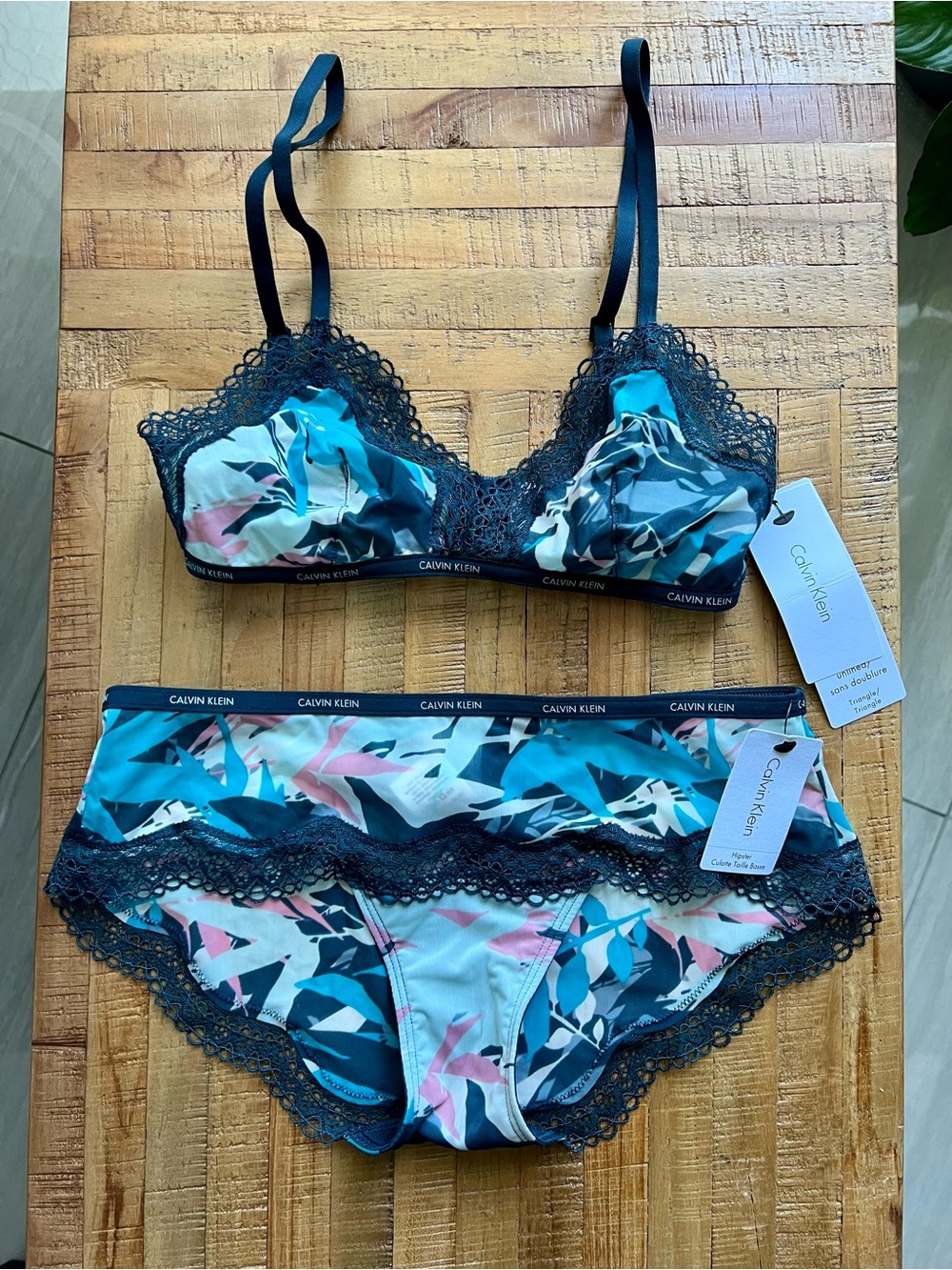 Calvin Klein Teal, Pink & Navy Floral Lace Bralette and Brief Set